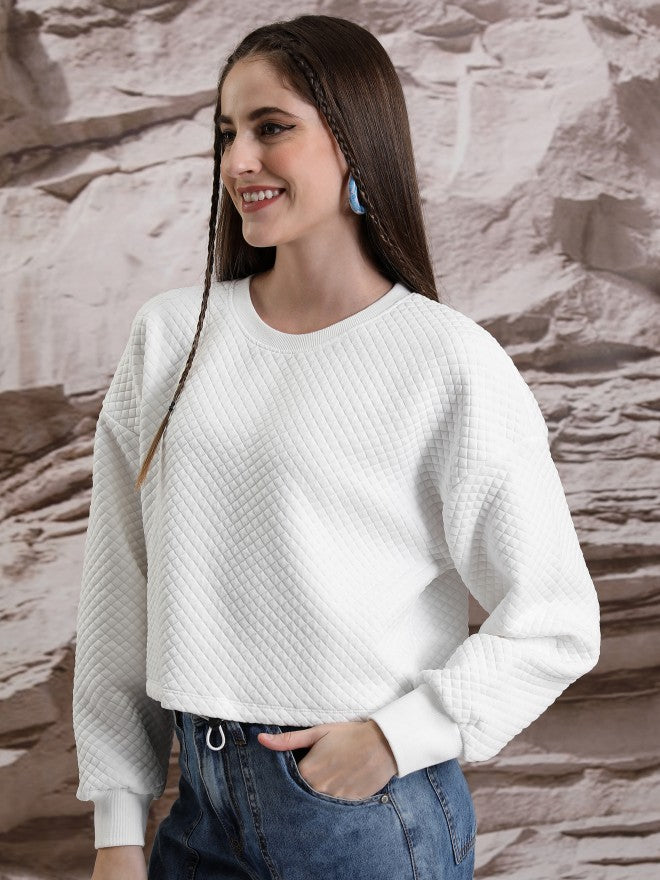 Tokyo Talkies Women White Self Design Pullover Round Neck Sweatshirt - White - Image 4