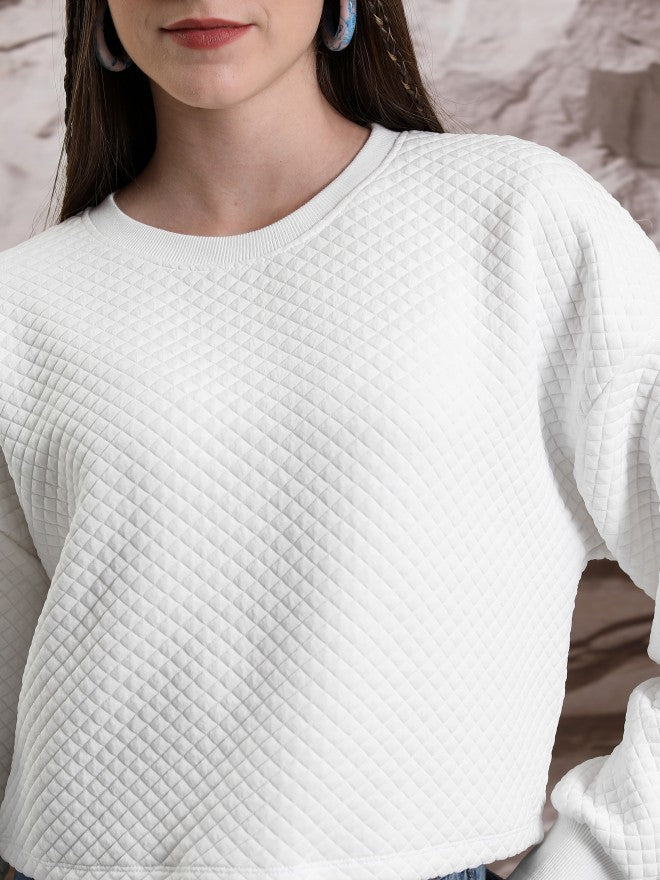 Tokyo Talkies Women White Self Design Pullover Round Neck Sweatshirt - White - Image 5