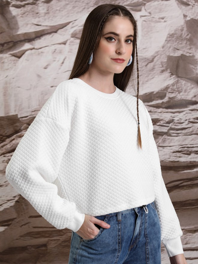 Tokyo Talkies Women White Self Design Pullover Round Neck Sweatshirt - White - Image 6