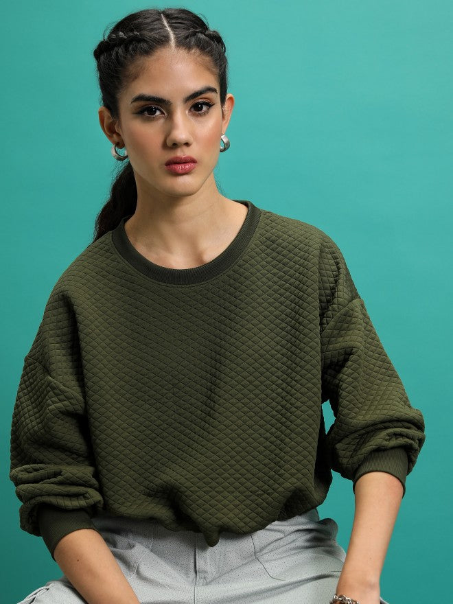Tokyo Talkies Women Green Self Design Pullover Round Neck Sweatshirt - Green - Image 1