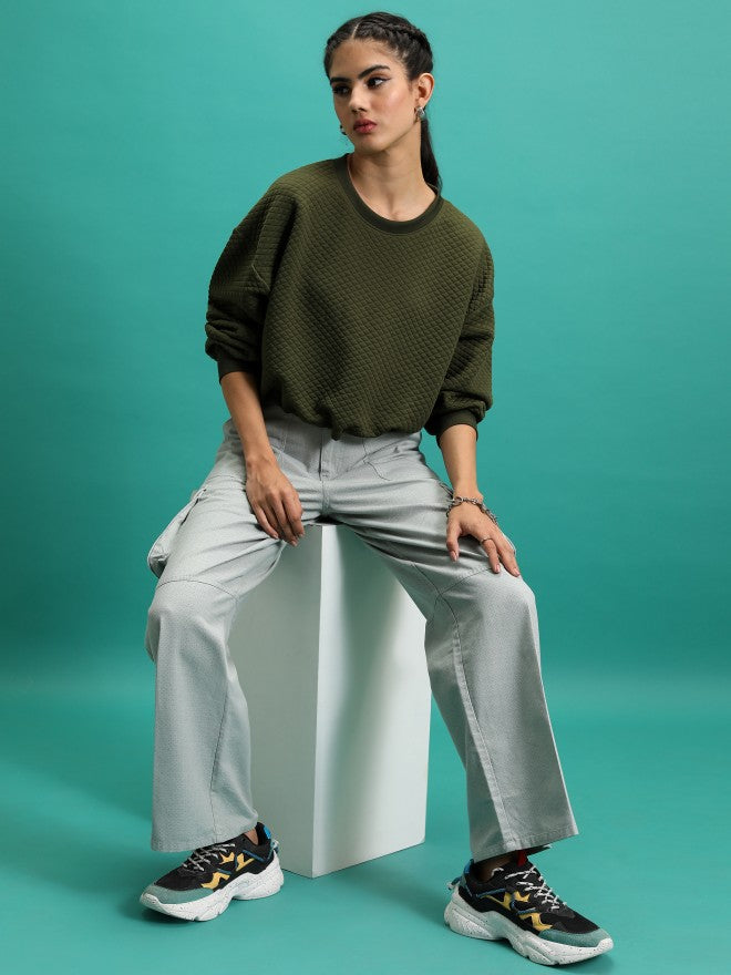 Tokyo Talkies Women Green Self Design Pullover Round Neck Sweatshirt - Green - Image 2