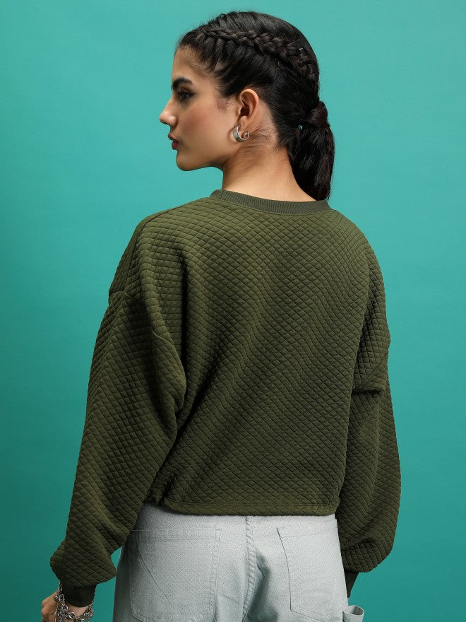 Tokyo Talkies Women Green Self Design Pullover Round Neck Sweatshirt - Green - Image 3
