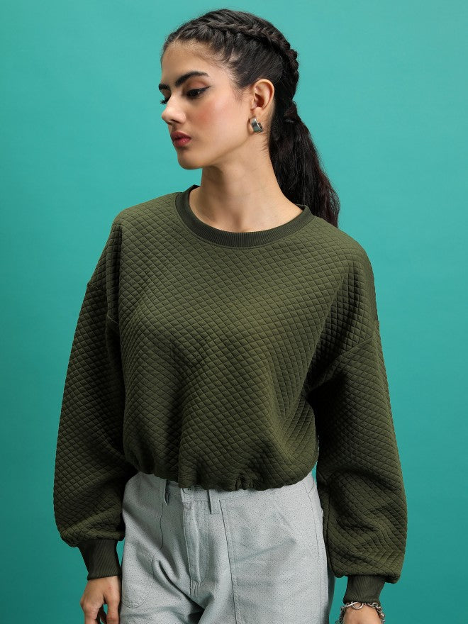 Tokyo Talkies Women Green Self Design Pullover Round Neck Sweatshirt - Green - Image 4