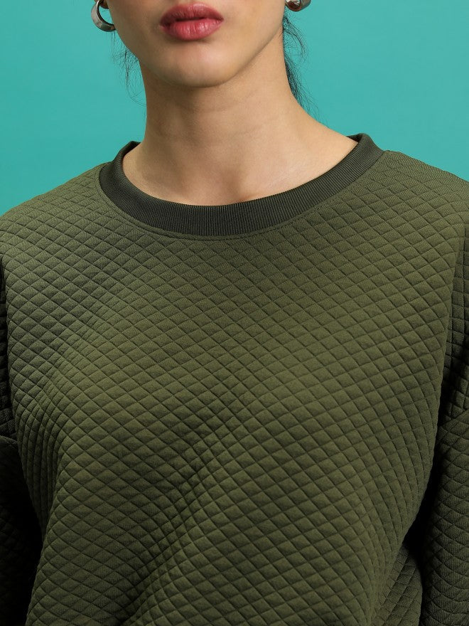 Tokyo Talkies Women Green Self Design Pullover Round Neck Sweatshirt - Green - Image 5