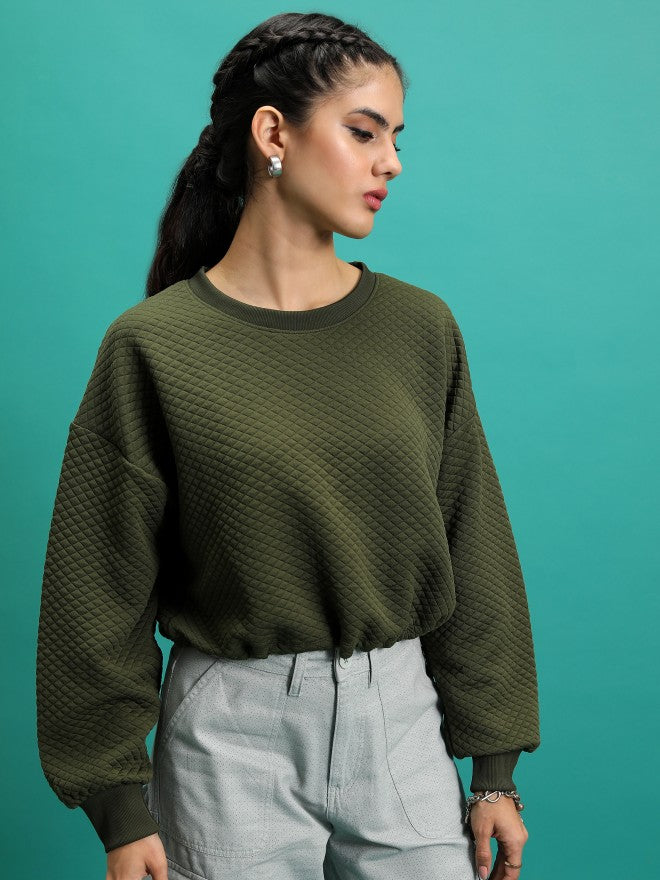 Tokyo Talkies Women Green Self Design Pullover Round Neck Sweatshirt - Green - Image 6