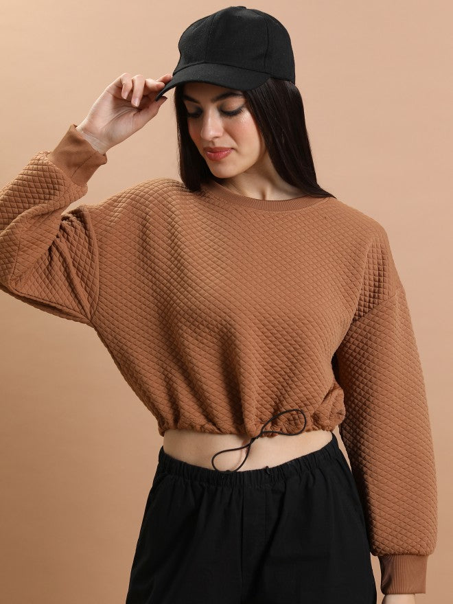Tokyo Talkies Women Brown Self Design Pullover Round Neck Sweatshirt - Brown - Image 1