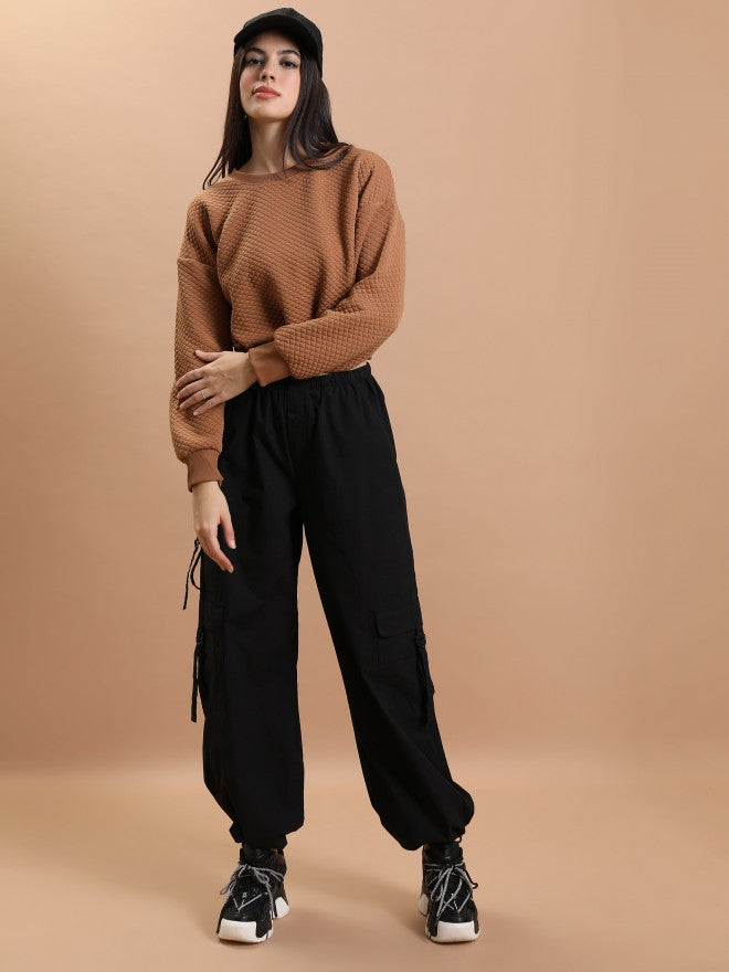 Tokyo Talkies Women Brown Self Design Pullover Round Neck Sweatshirt - Brown - Image 2