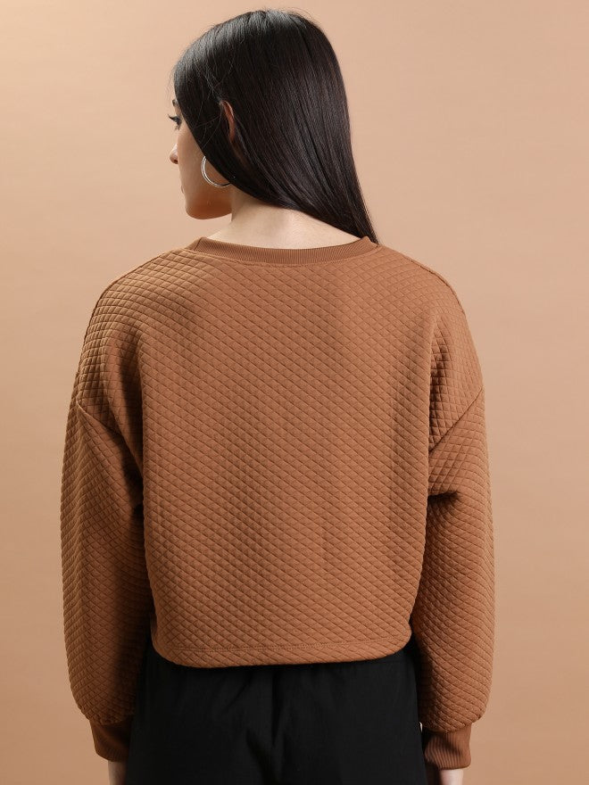 Tokyo Talkies Women Brown Self Design Pullover Round Neck Sweatshirt - Brown - Image 3