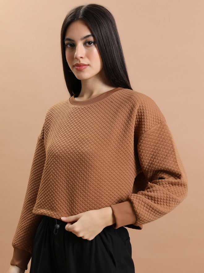 Tokyo Talkies Women Brown Self Design Pullover Round Neck Sweatshirt - Brown - Image 4
