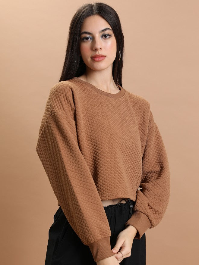 Tokyo Talkies Women Brown Self Design Pullover Round Neck Sweatshirt - Brown - Image 6