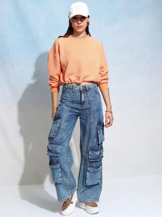 Tokyo Talkies Women Orange Solid Pullover Round Neck Sweatshirt - Orange - Image 2