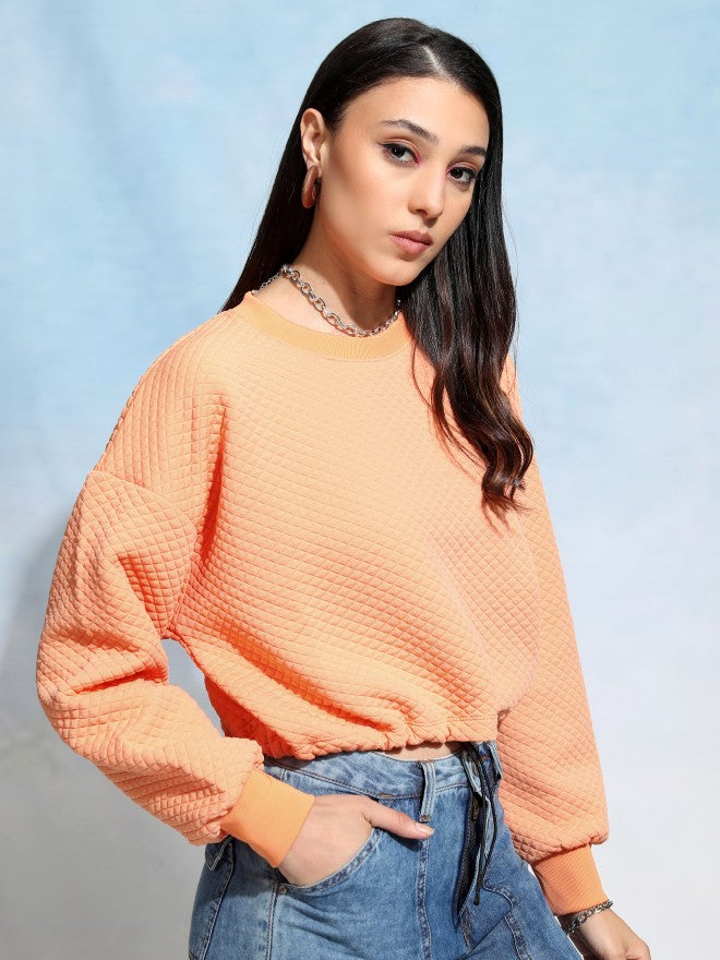 Tokyo Talkies Women Orange Solid Pullover Round Neck Sweatshirt - Orange - Image 6