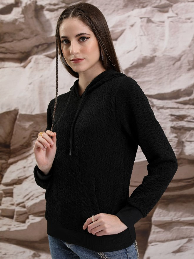 Tokyo Talkies Women Black Self Design Pullover Hood Sweatshirt - Black - Image 4