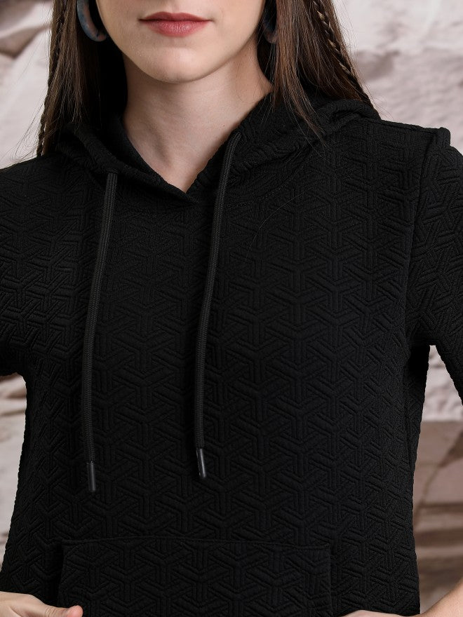 Tokyo Talkies Women Black Self Design Pullover Hood Sweatshirt - Black - Image 5