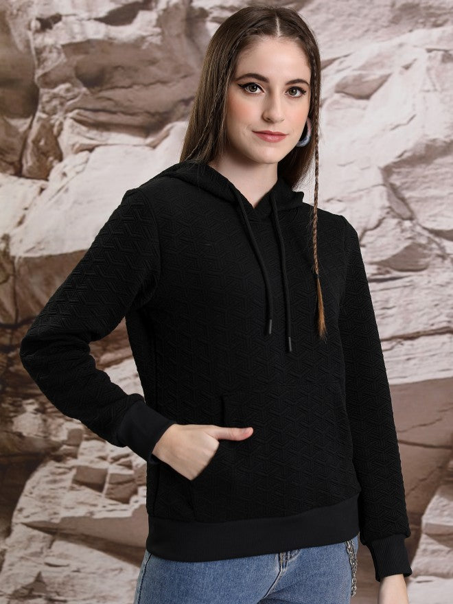 Tokyo Talkies Women Black Self Design Pullover Hood Sweatshirt - Black - Image 6