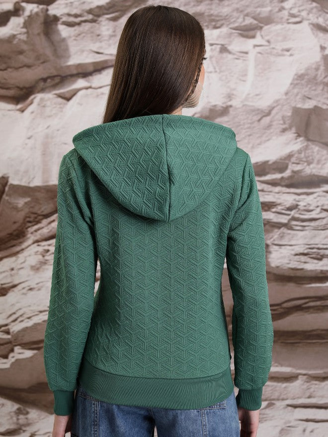 Tokyo Talkies Women Green Self Design Pullover Hood Sweatshirt - Green - Image 3