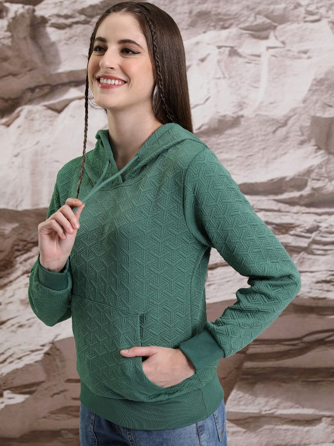 Tokyo Talkies Women Green Self Design Pullover Hood Sweatshirt - Green - Image 4