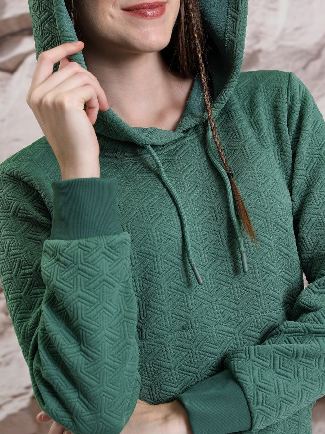 Tokyo Talkies Women Green Self Design Pullover Hood Sweatshirt - Green - Image 5