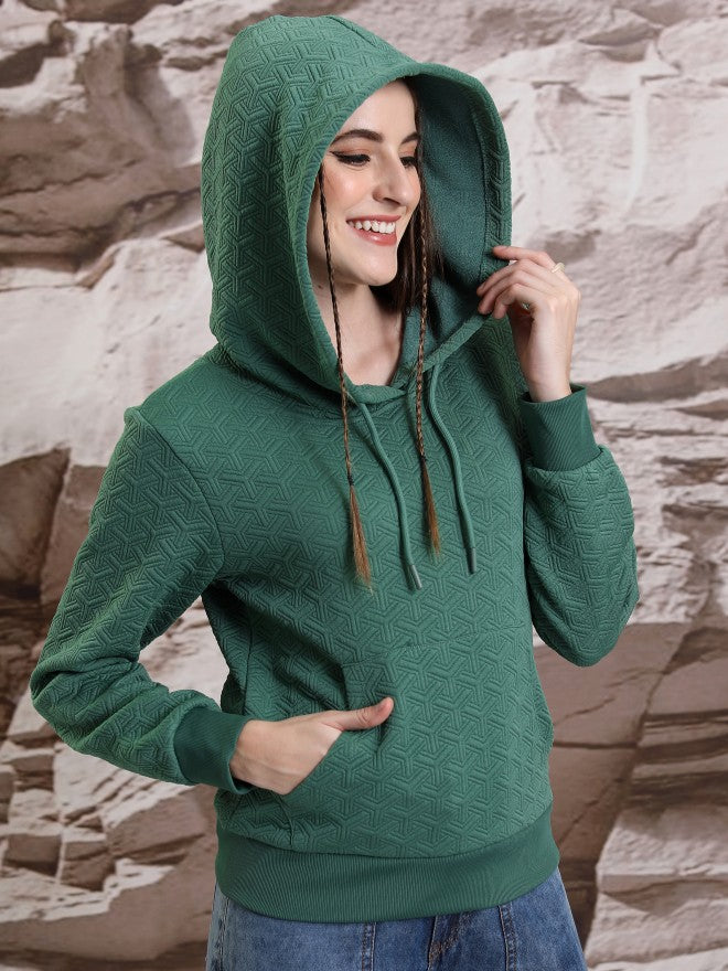 Tokyo Talkies Women Green Self Design Pullover Hood Sweatshirt - Green - Image 6