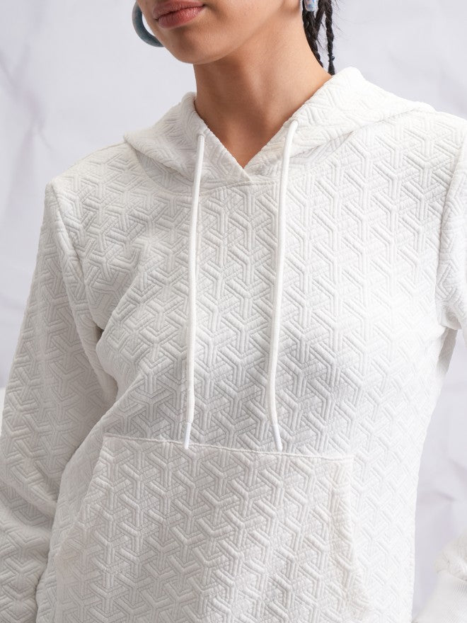 Tokyo Talkies Women White Self Design Pullover Hood Sweatshirt - White - Image 5