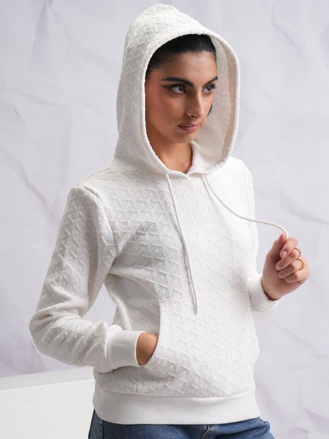 Tokyo Talkies Women White Self Design Pullover Hood Sweatshirt - White - Image 6