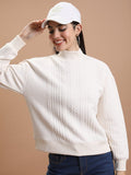Tokyo Talkies Women White Self Design Pullover High Neck Sweatshirt - White - Image 1