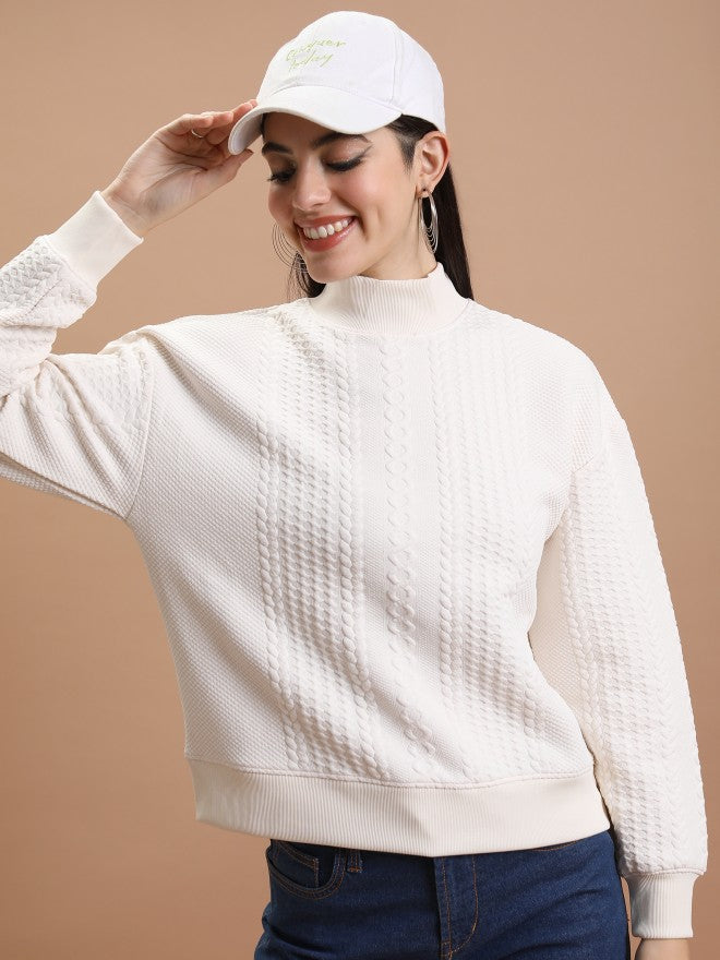 Tokyo Talkies Women White Self Design Pullover High Neck Sweatshirt - White - Image 1