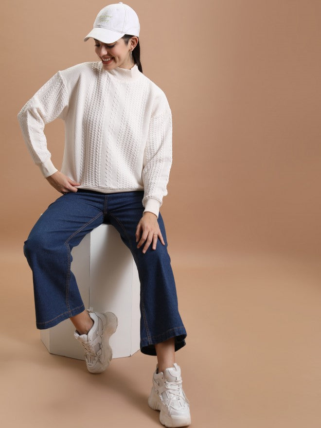 Tokyo Talkies Women White Self Design Pullover High Neck Sweatshirt - White - Image 2