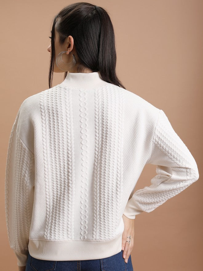 Tokyo Talkies Women White Self Design Pullover High Neck Sweatshirt - White - Image 3