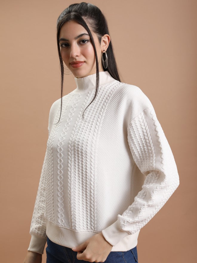 Tokyo Talkies Women White Self Design Pullover High Neck Sweatshirt - White - Image 4