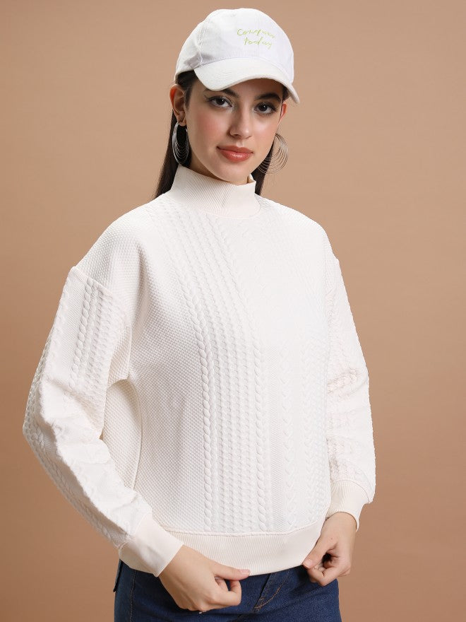 Tokyo Talkies Women White Self Design Pullover High Neck Sweatshirt - White - Image 6