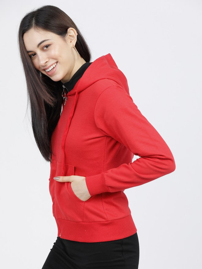 Tokyo Talkies Women Red Solid Pullover Hood Sweatshirt - Red - Image 1