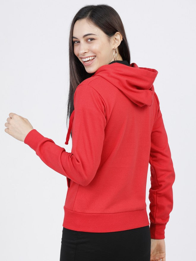 Tokyo Talkies Women Red Solid Pullover Hood Sweatshirt - Red - Image 2
