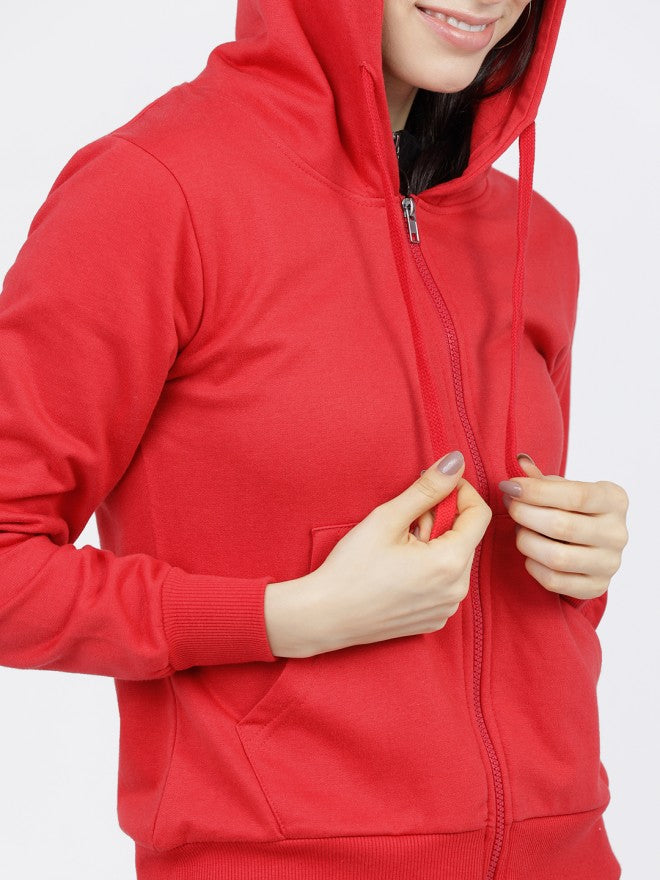 Tokyo Talkies Women Red Solid Pullover Hood Sweatshirt - Red - Image 3