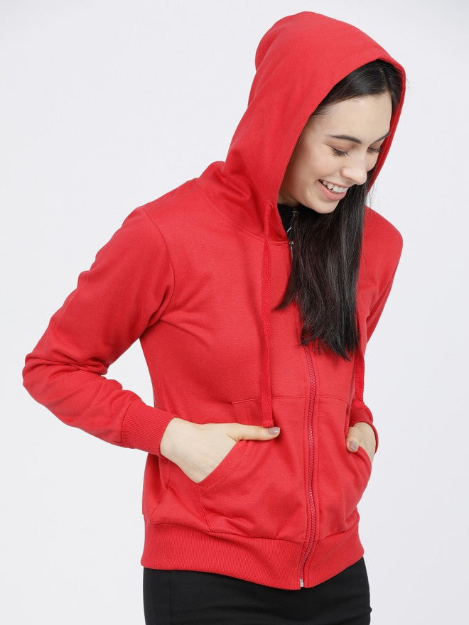 Tokyo Talkies Women Red Solid Pullover Hood Sweatshirt - Red - Image 5