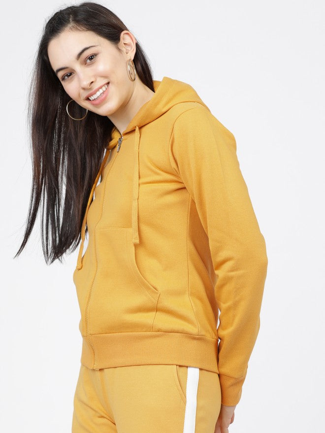 Tokyo Talkies Women Mustard Solid Front Open Hood Sweatshirt - Mustard - Image 1