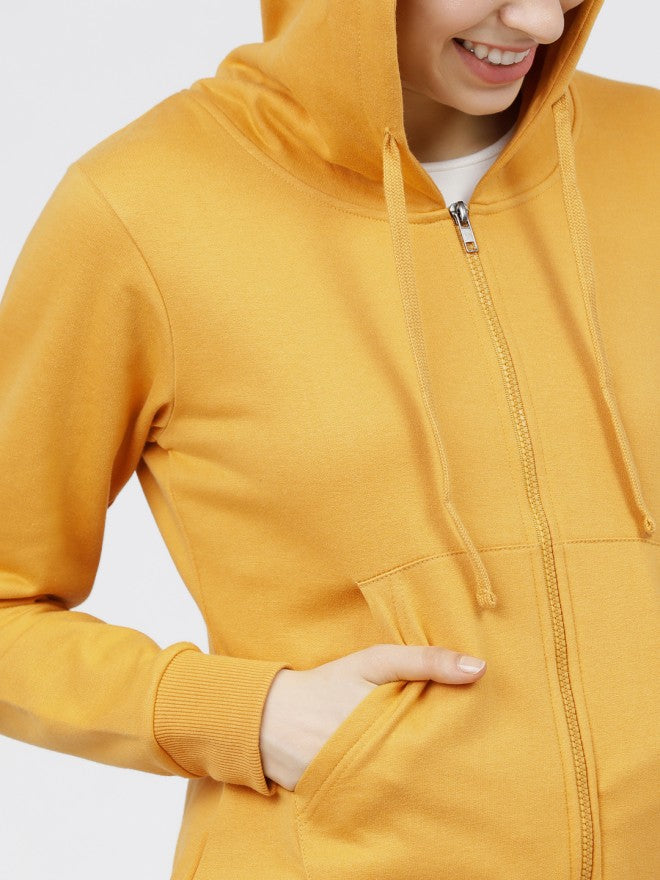 Tokyo Talkies Women Mustard Solid Front Open Hood Sweatshirt - Mustard - Image 3