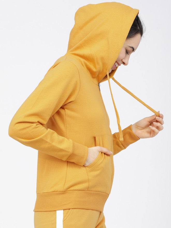 Tokyo Talkies Women Mustard Solid Front Open Hood Sweatshirt - Mustard - Image 5