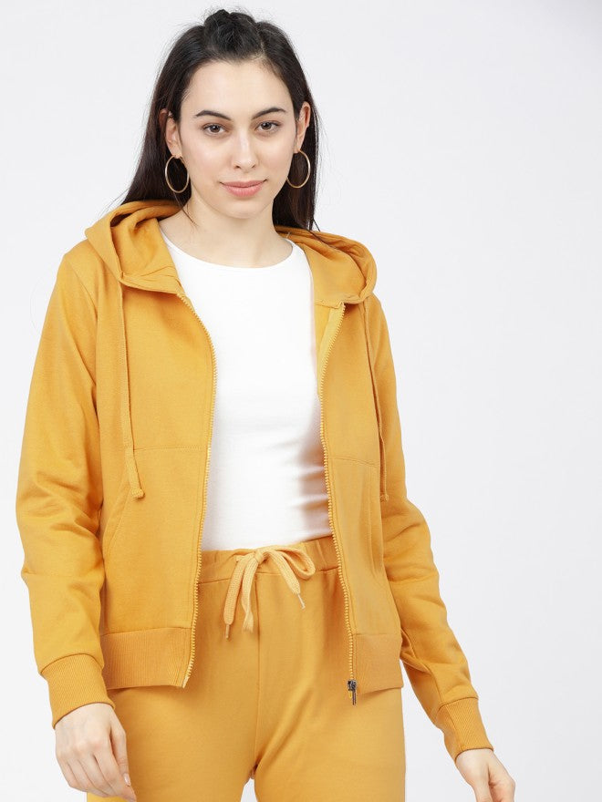 Tokyo Talkies Women Mustard Solid Front Open Hood Sweatshirt - Mustard - Image 6