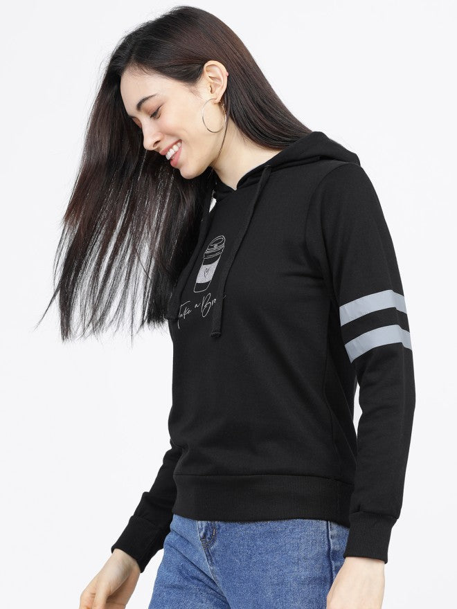 Tokyo Talkies Women Black Solid Pullover Hood Sweatshirt - Black - Image 1