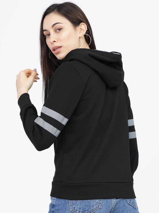 Tokyo Talkies Women Black Solid Pullover Hood Sweatshirt - Black - Image 2