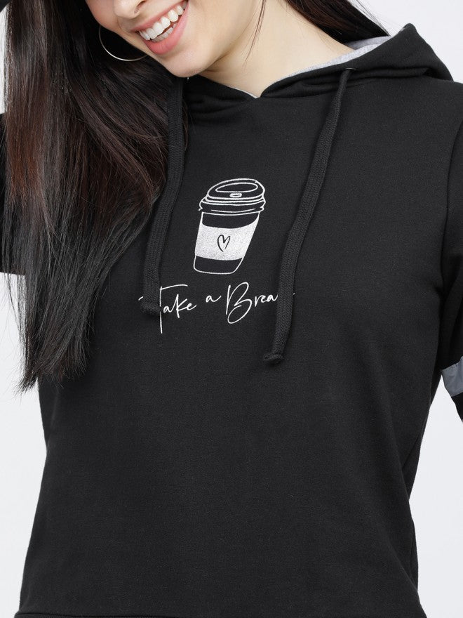 Tokyo Talkies Women Black Solid Pullover Hood Sweatshirt - Black - Image 3