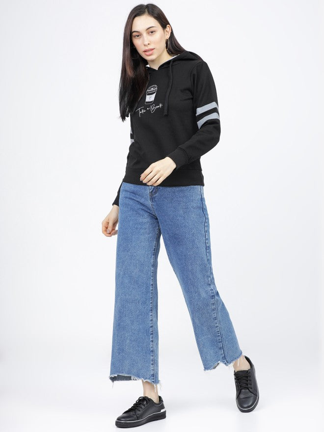 Tokyo Talkies Women Black Solid Pullover Hood Sweatshirt - Black - Image 4