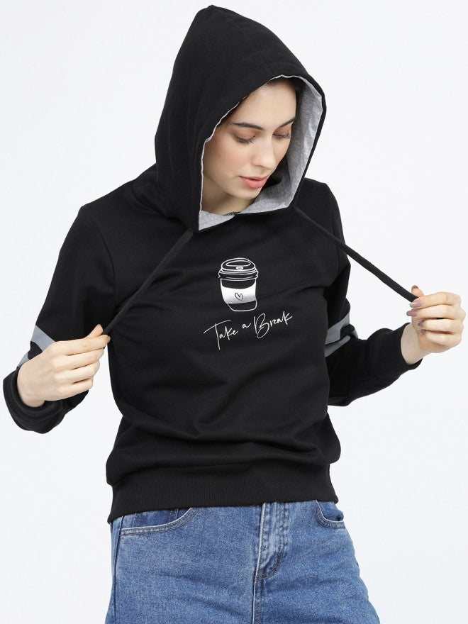 Tokyo Talkies Women Black Solid Pullover Hood Sweatshirt - Black - Image 5