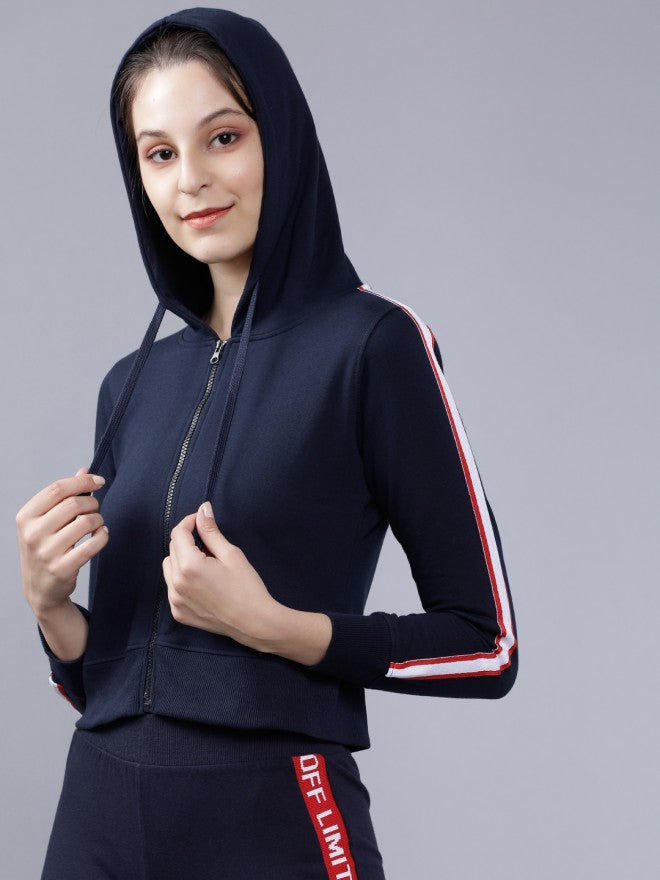 Tokyo Talkies Women Navy Blue Solid Pullover Hood Sweatshirt - Navy Blue - Image 1