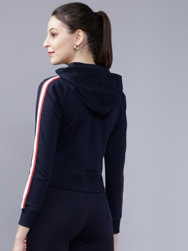 Tokyo Talkies Women Navy Blue Solid Pullover Hood Sweatshirt - Navy Blue - Image 2