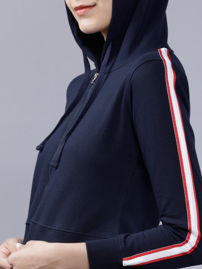Tokyo Talkies Women Navy Blue Solid Pullover Hood Sweatshirt - Navy Blue - Image 3