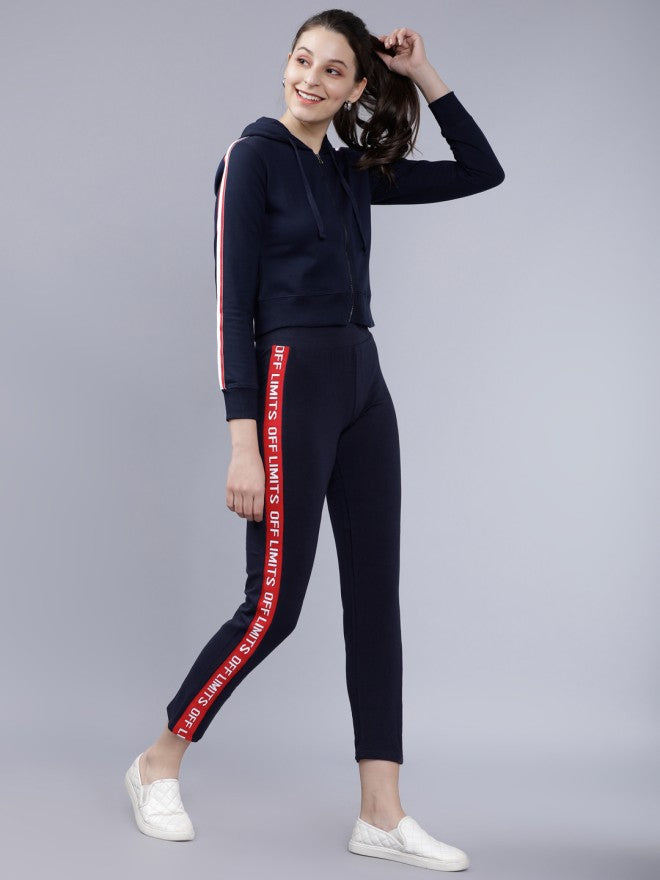 Tokyo Talkies Women Navy Blue Solid Pullover Hood Sweatshirt - Navy Blue - Image 4