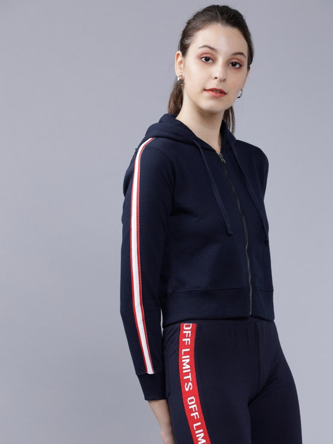 Tokyo Talkies Women Navy Blue Solid Pullover Hood Sweatshirt - Navy Blue - Image 5