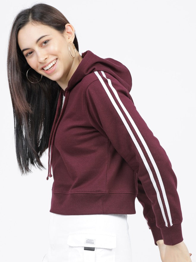 Tokyo Talkies Women Burgundy Solid Front Open Hood Sweatshirt - Burgundy - Image 1
